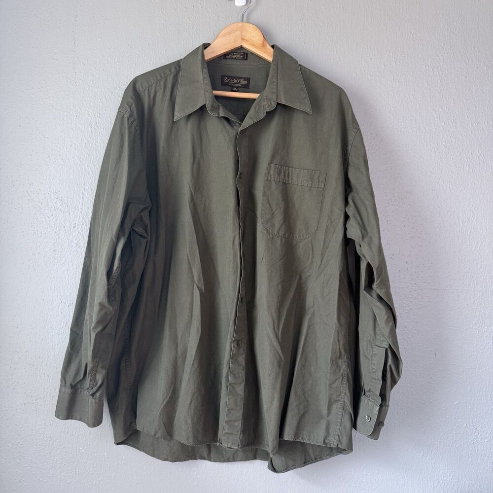 Roberto Villini Mens Olive Green Broadcloth Dress Shirt 18 34/35 Professional